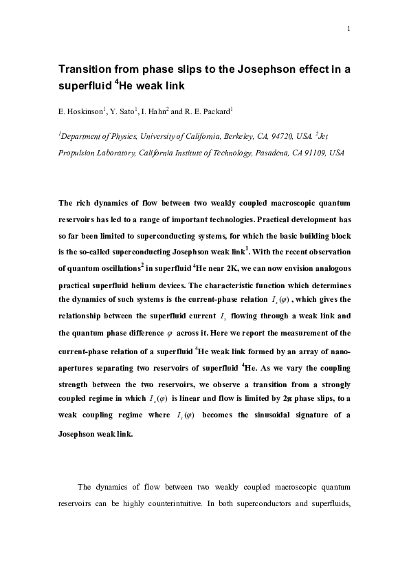 (PDF) Transition from phase slips to the Josephson effect in a ...