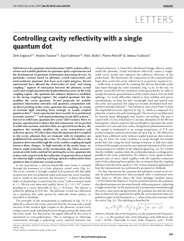 (PDF) Controlling cavity reflectivity with a single quantum dot