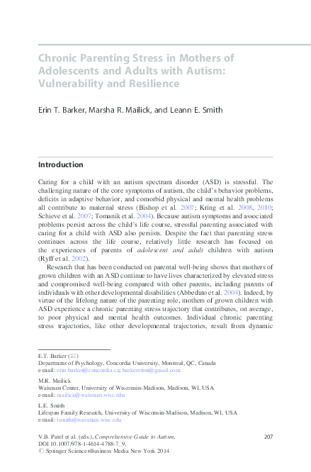 Chronic Parenting Stress in Mothers of Adolescents and Adults with ...