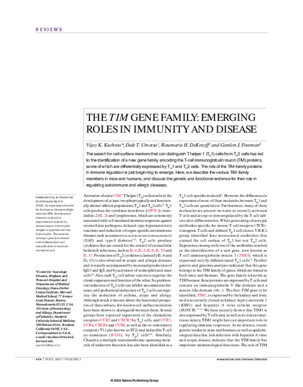 (PDF) The TIM gene family: emerging roles in immunity and disease