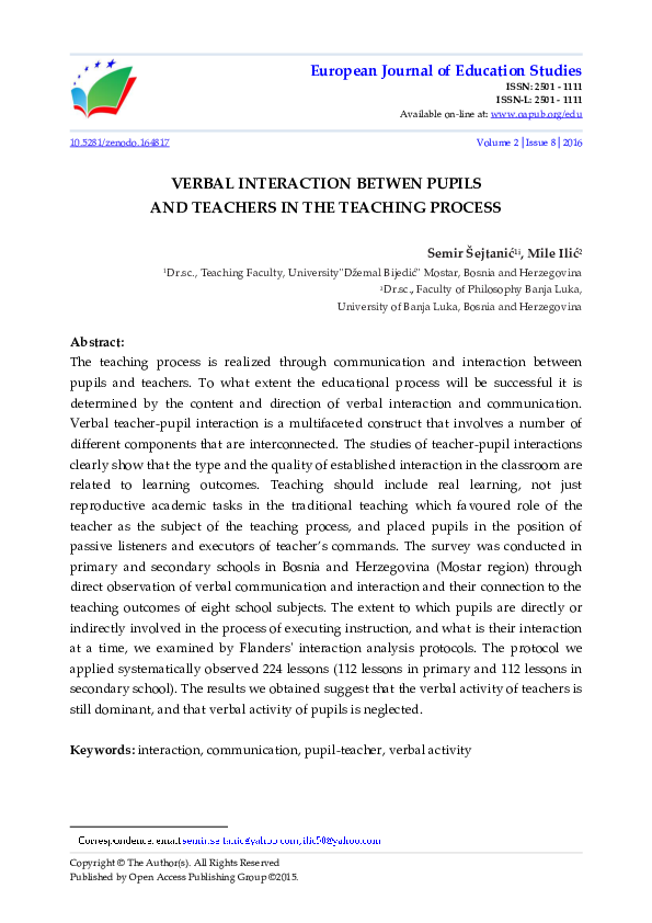 (PDF) VERBAL INTERACTION BETWEN PUPILS AND TEACHERS IN THE TEACHING PROCESS