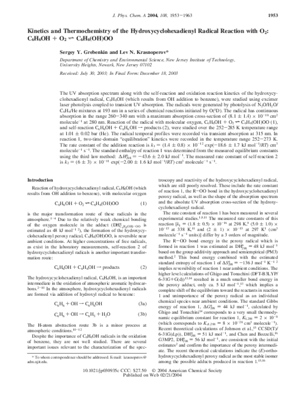 First page of “Kinetics and thermochemistry of the hydroxycyclohexadienyl radical reaction with O2: C6H6OH + O2 ? C6H6(OH)OO”