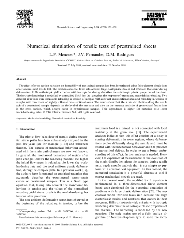 (PDF) Numerical simulation of tensile tests of prestrained sheets