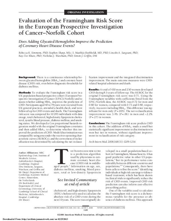(PDF) Evaluation of the Framingham Risk Score in the European ...