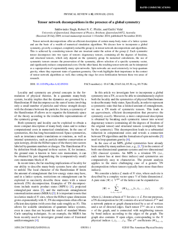(PDF) Tensor network decompositions in the presence of a global symmetry