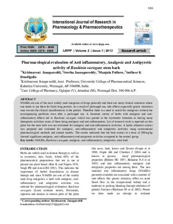 (PDF) Pharmacological evaluation of Anti inflammatory, Analgesic and ...