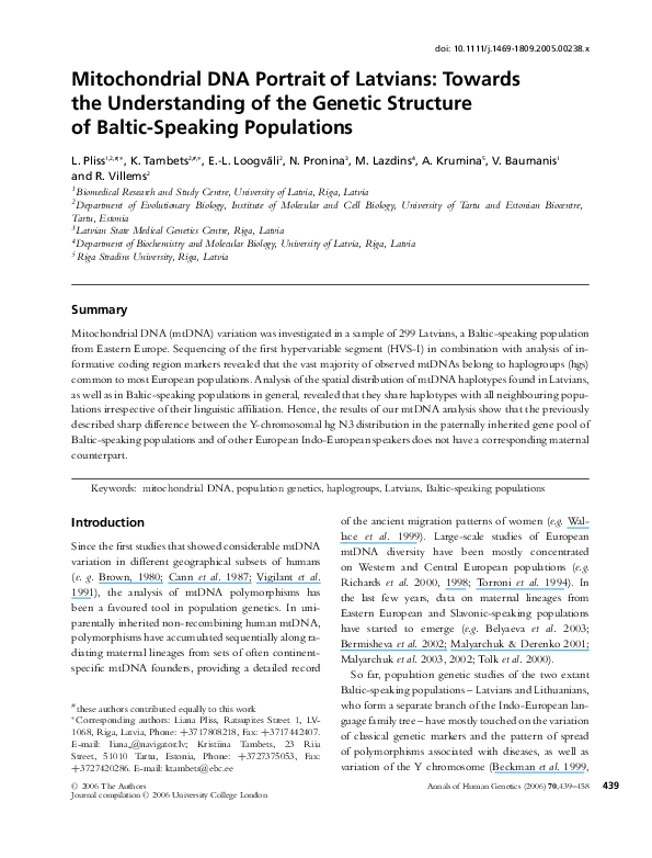 (PDF) Mitochondrial DNA Portrait of Latvians: Towards the Understanding ...