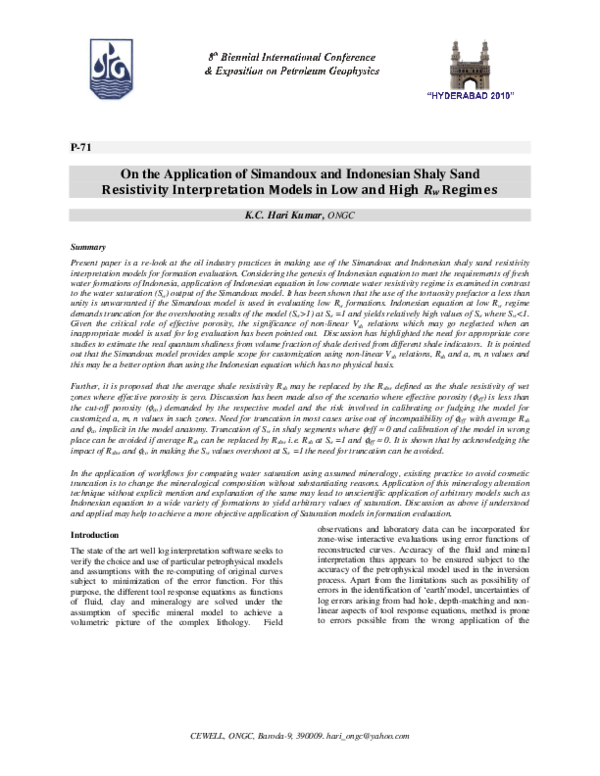 (PDF) P-71 On the Application of Simandoux and Indonesian Shaly Sand ...