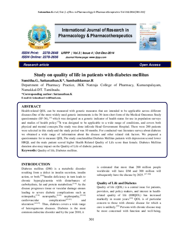 (PDF) Study on quality of life in patients with diabetes mellitus