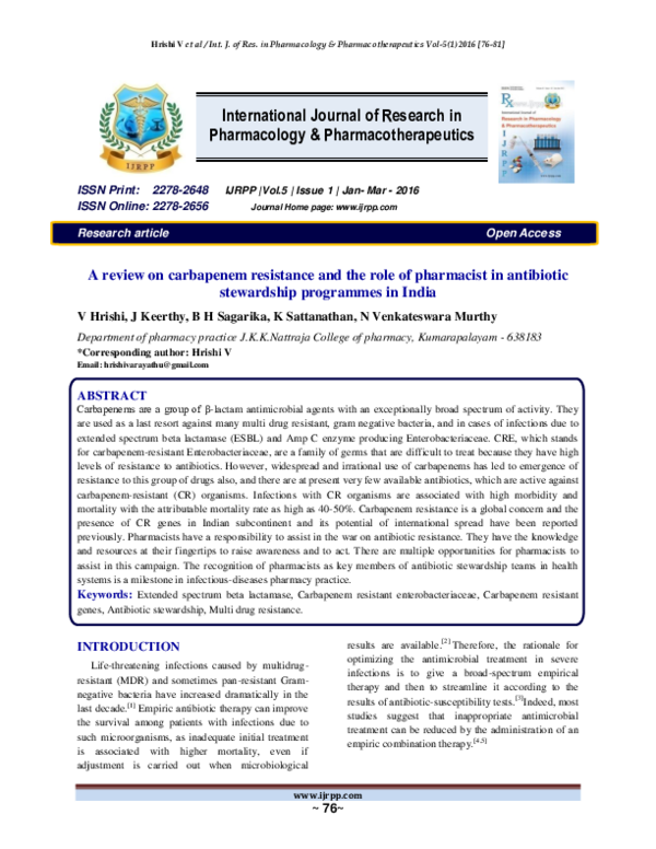 (PDF) A review on carbapenem resistance and the role of pharmacist in ...