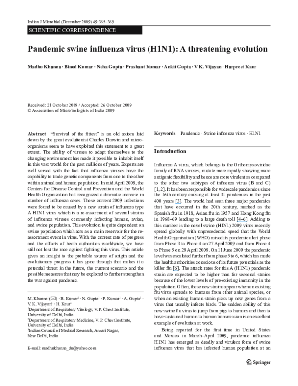 (PDF) Pandemic swine influenza virus (H1N1): A threatening evolution