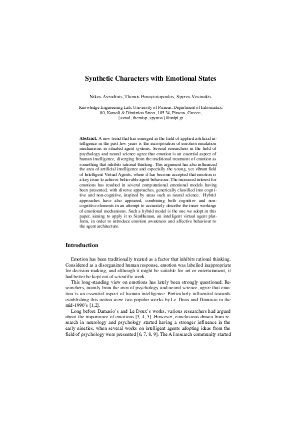 (PDF) Synthetic Characters with Emotional States Nikos Avradinis Academia.edu