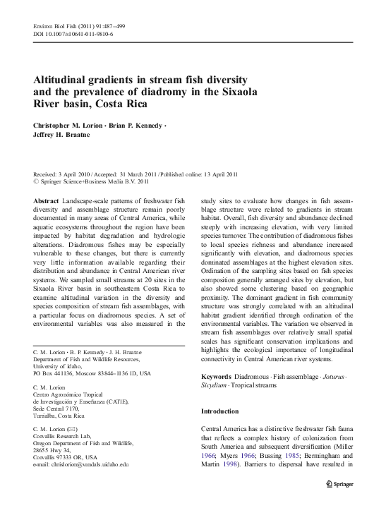 (PDF) Altitudinal gradients in stream fish diversity and the prevalence ...