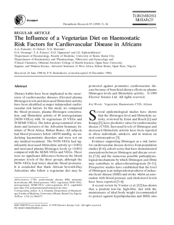 (PDF) The Influence of a Vegetarian Diet on Haemostatic Risk Factors ...