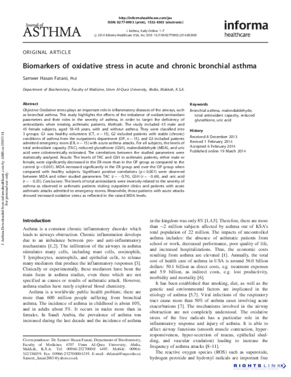 (PDF) Biomarkers of oxidative stress in acute and chronic bronchial asthma