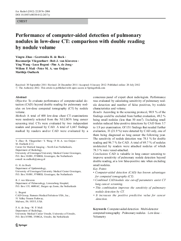 (PDF) Performance of computer-aided detection of pulmonary nodules in ...