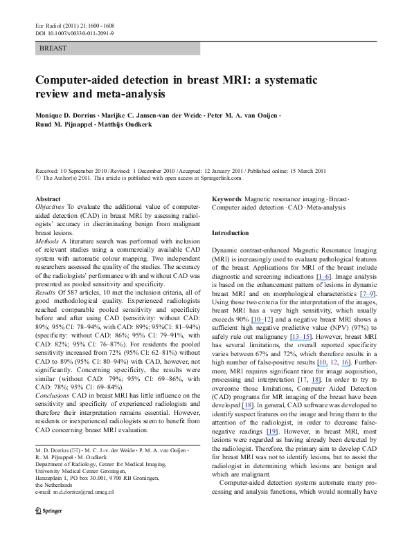 (PDF) Computer-aided detection in breast MRI: a systematic review and ...