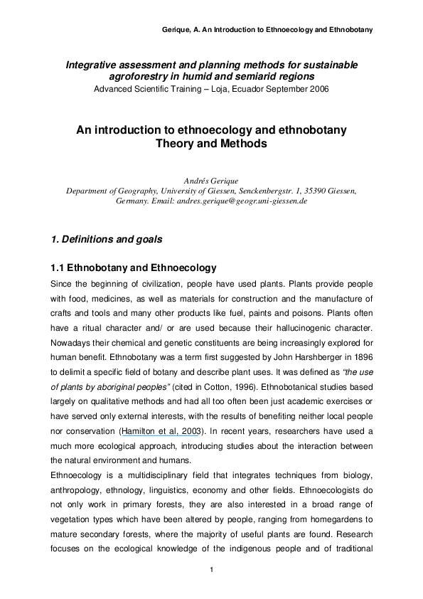 (PDF) An Introduction to ethnoecology and ethnobotany. Theory and