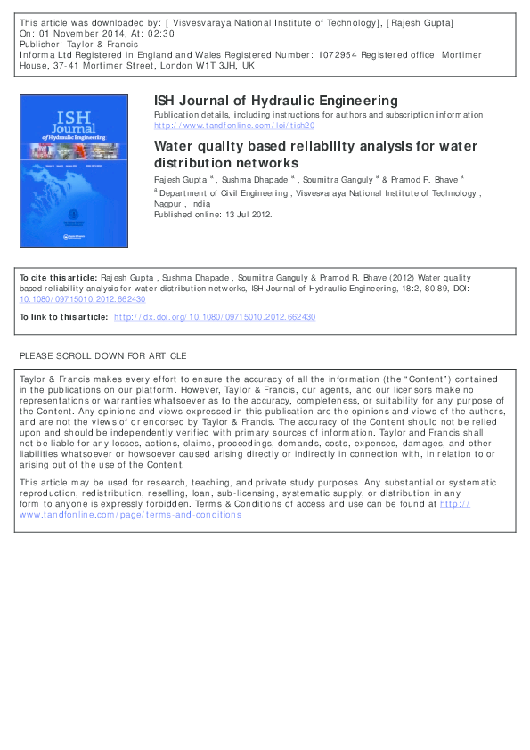 (PDF) Water quality based reliability analysis for water distribution ...