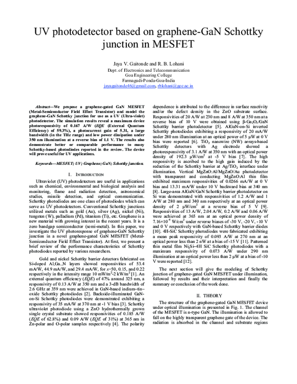 (PDF) UV photodetector based on graphene-GaN Schottky junction in MESFET