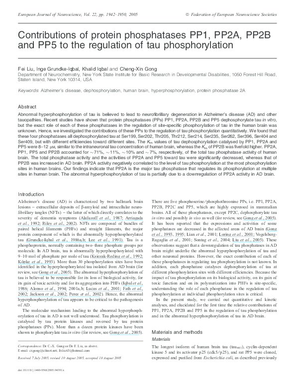 (PDF) Contributions of protein phosphatases PP1, PP2A, PP2B and PP5 to ...
