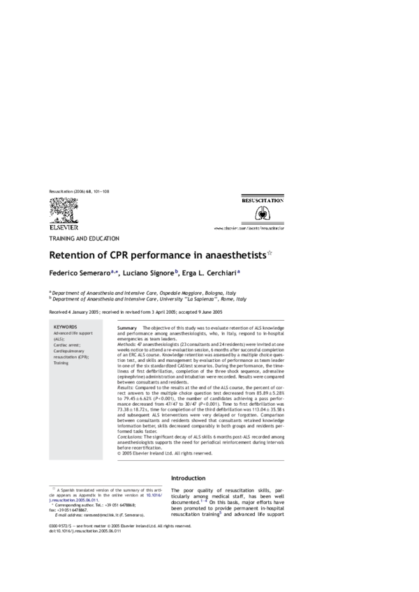(PDF) Retention of CPR performance in anaesthetists