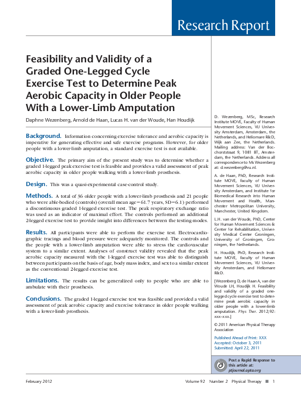 (PDF) Feasibility and validity of a graded one-legged cycle exercise ...