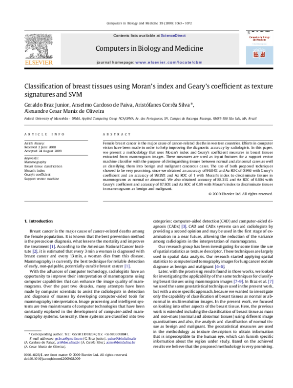 (PDF) Classification of breast tissues using Moran's index and Geary's ...