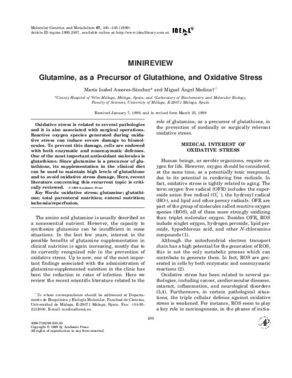 (PDF) Glutamine, as a Precursor of Glutathione, and Oxidative Stress