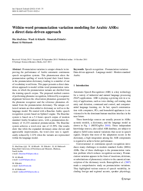 (PDF) Within-word pronunciation variation modeling for Arabic ASRs: a ...
