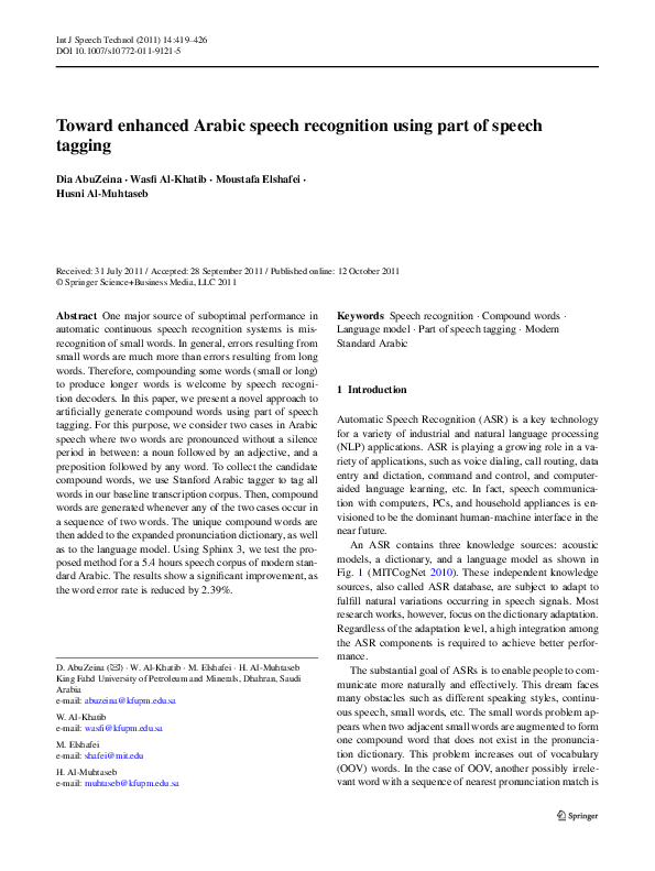 (PDF) Toward enhanced Arabic speech recognition using part of speech ...