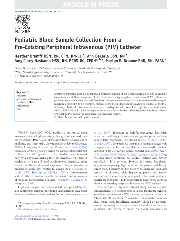(PDF) Pediatric Blood Sample Collection From a PreExisting Peripheral
