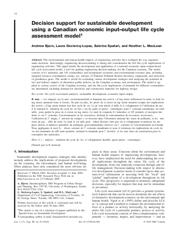 (PDF) Decision support for sustainable development using a Canadian ...