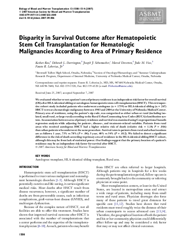 (PDF) Disparity in Survival Outcome after Hematopoietic Stem Cell ...