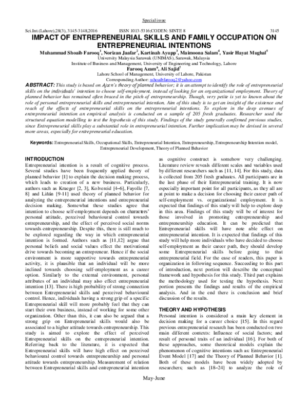 (PDF) IMPACT OF ENTREPRENEURIAL SKILLS AND FAMILY OCCUPATION ON ...
