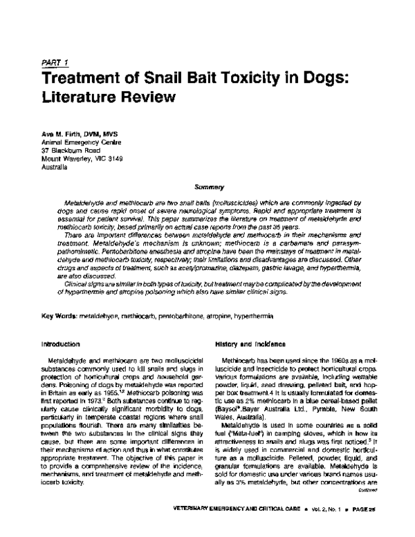 (PDF) Part 1 Treatment of Snail Bait Toxicity in Dogs Literature
