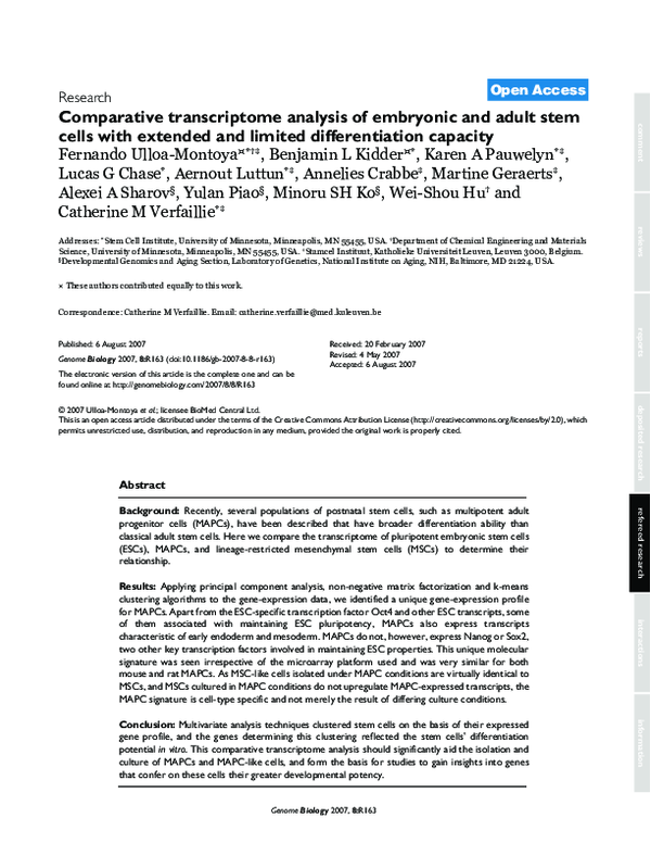 (PDF) Comparative transcriptome analysis of embryonic and adult stem ...