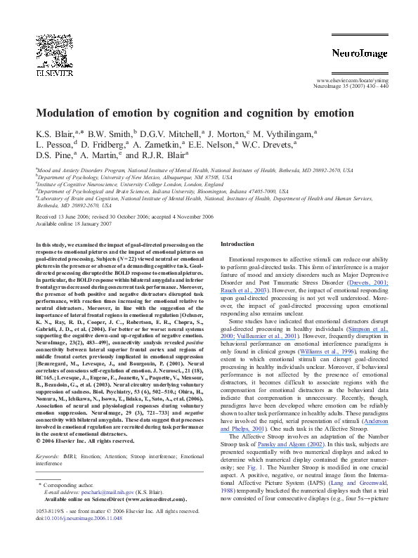 (PDF) Modulation of emotion by cognition and cognition by emotion