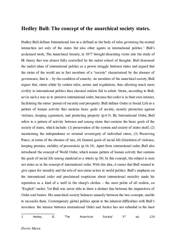 (DOC) Hedley Bull: The anarchical society states in International Relations