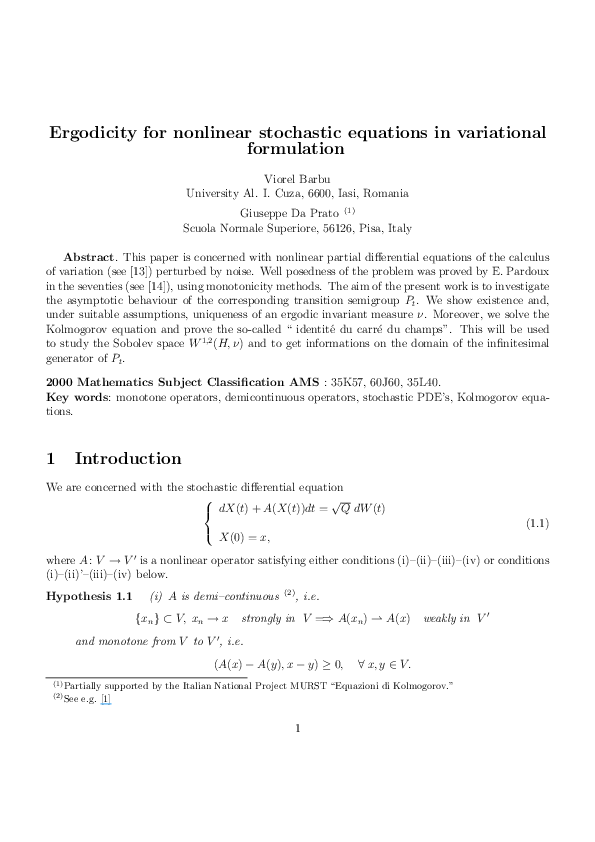 (PDF) Ergodicity for Nonlinear Stochastic Equations in Variational ...