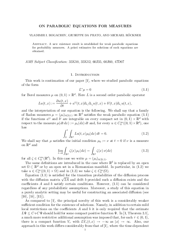 (PDF) On Parabolic Equations for Measures