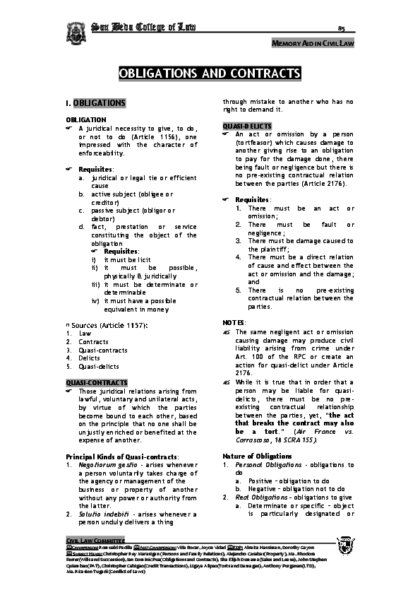 pdf and obligation contract (PDF) CIVIL AID LAW IN of Law MEMORY San Beda College