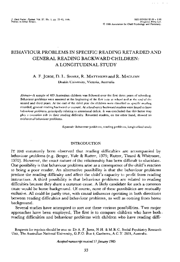 (PDF) BEHAVIOUR PROBLEMS IN SPECIFIC READING RETARDED AND GENERAL