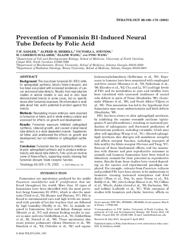 (PDF) Prevention of fumonisin B1-induced neural tube defects by folic acid
