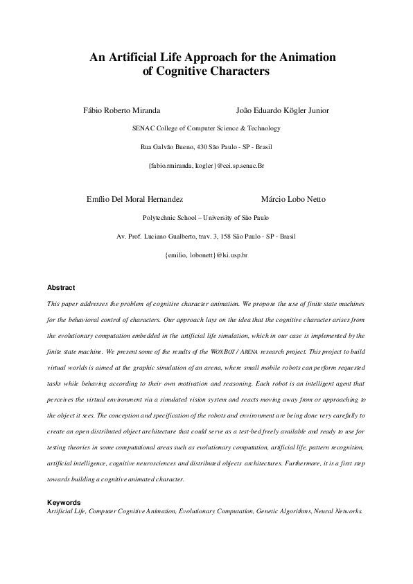 (PDF) An artificial life approach for the animation of cognitive characters