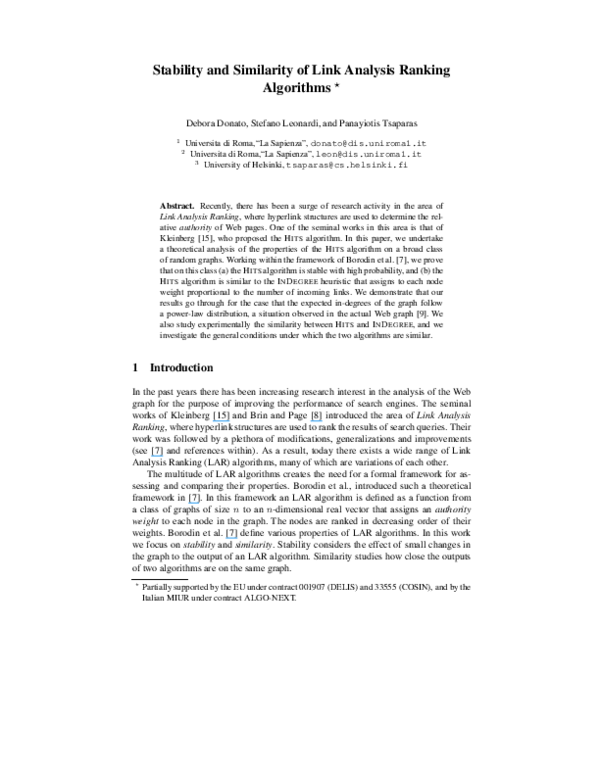 (PDF) Stability and Similarity of Link Analysis Ranking Algorithms