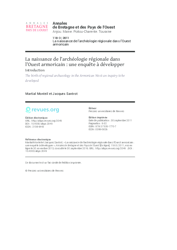 MONTEIL (M.), SANTROT (J.). – La naissance de l’archéologie régionale dans l’Ouest armoricain : une enquête à développer.