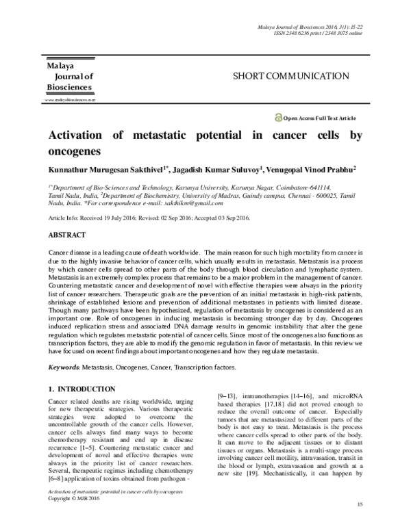 (PDF) Activation of metastatic potential in cancer cells by oncogenes