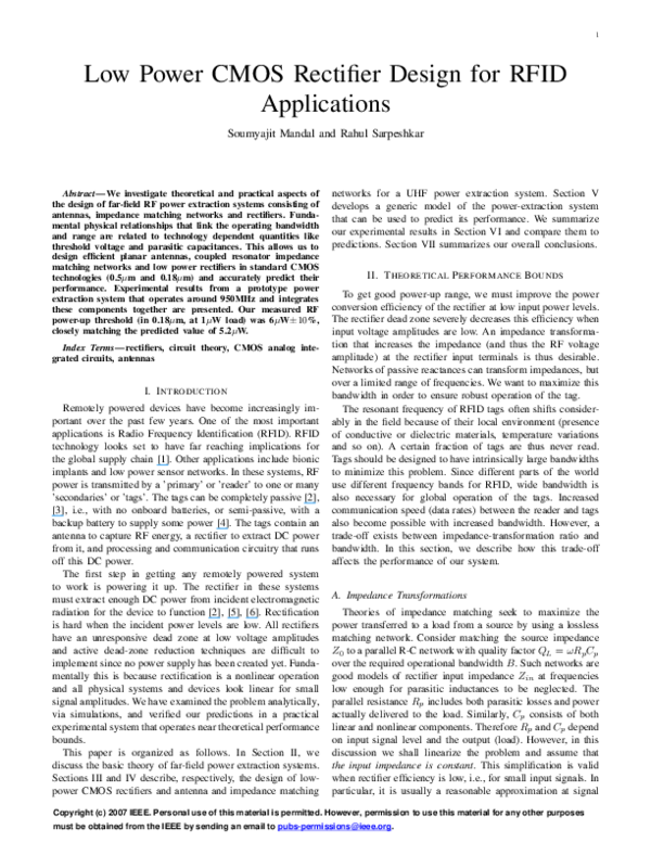(PDF) LowPower CMOS Rectifier Design for RFID Applications Soumyajit Mandal Academia.edu
