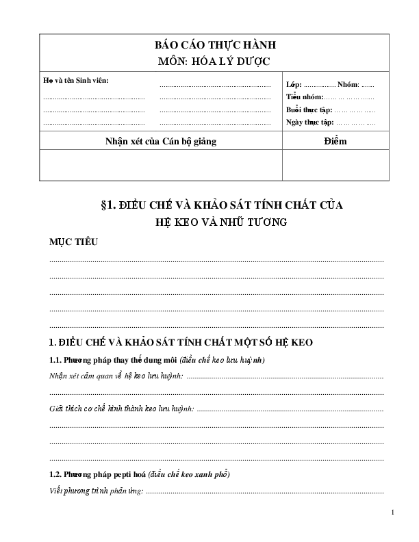 First page of “BÁO CÁO THỰC HÀNH MÔN: HÓA LÝ DƢỢC”